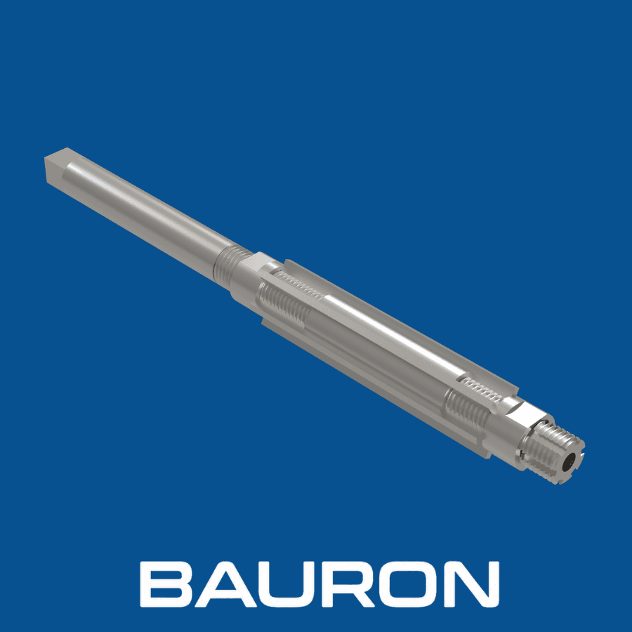 Angled rendering of a silver adjustable reamer with a square shank, threaded nuts, and expandable straight blades